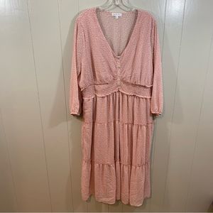 Ophelia Roe Pink Plus Animal Print Prairie 3/4 Sleeve Lined Tiered Midi Dress 2X